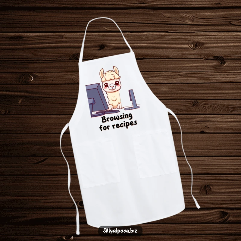 Funny apron showing a curious alpaca character peering at a computer screen, ideal for adding humor to coding or creative tasks.