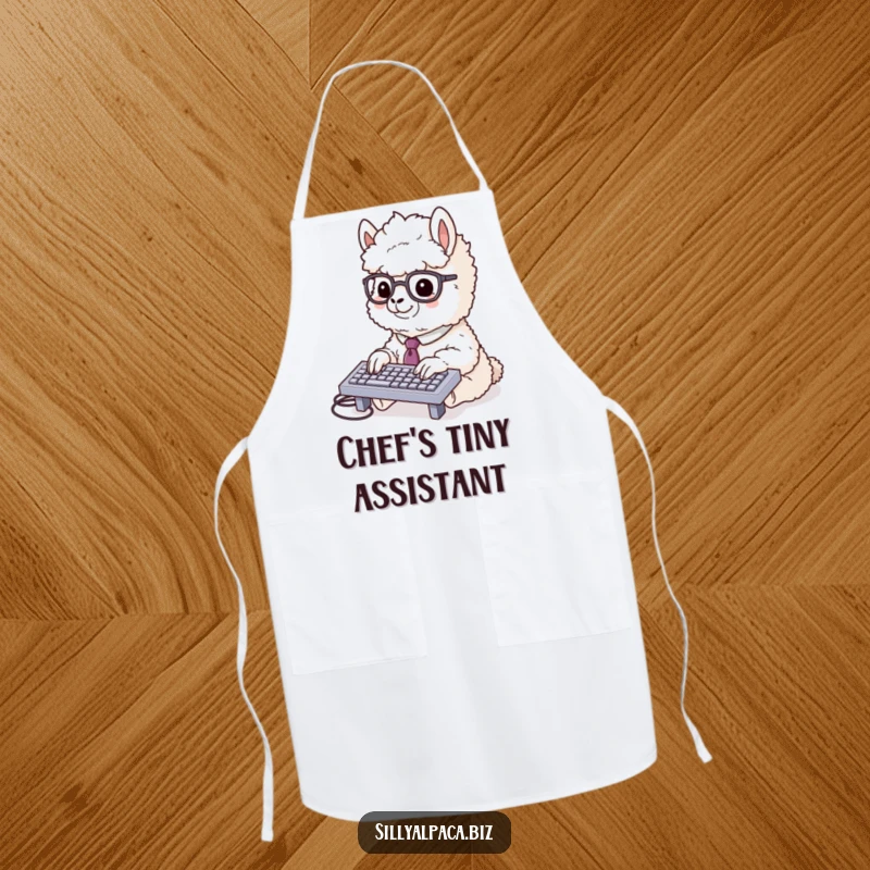 Funny alpaca apron showing a fluffy alpaca in a tie and glasses typing rapidly on a miniature keyboard, a humorous kitchen or craft accessory.