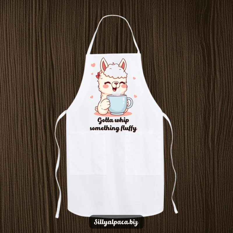 Funny apron showcasing a happy alpaca character holding a steaming mug, perfect for adding humor and personality to kitchen activities.