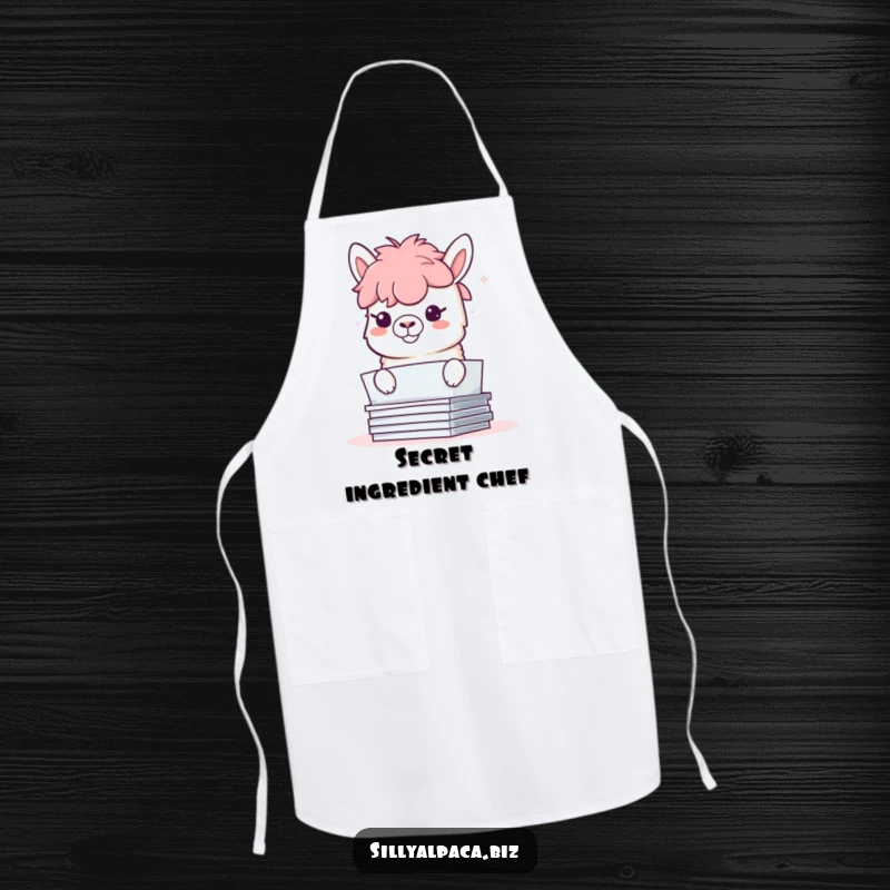 Funny apron with a mischievous alpaca peeking from behind papers, its grin promising playful kitchen fun.
