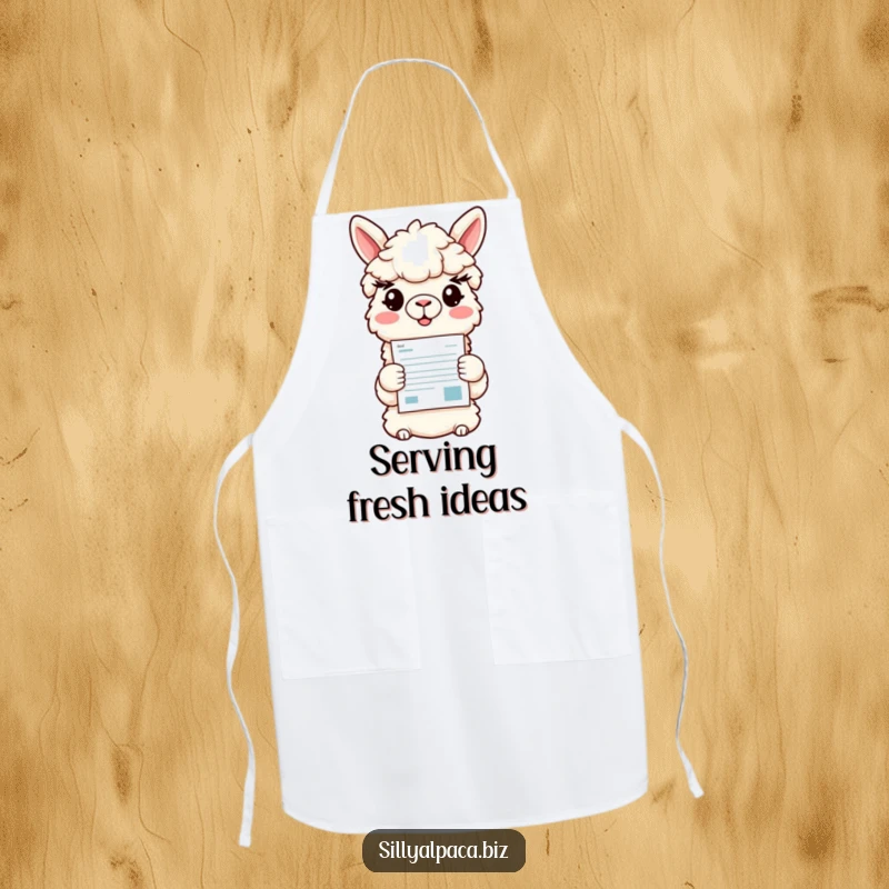 Funny apron showing a smiling alpaca character offering a colorful document, suitable for kitchen use or creative presentations.