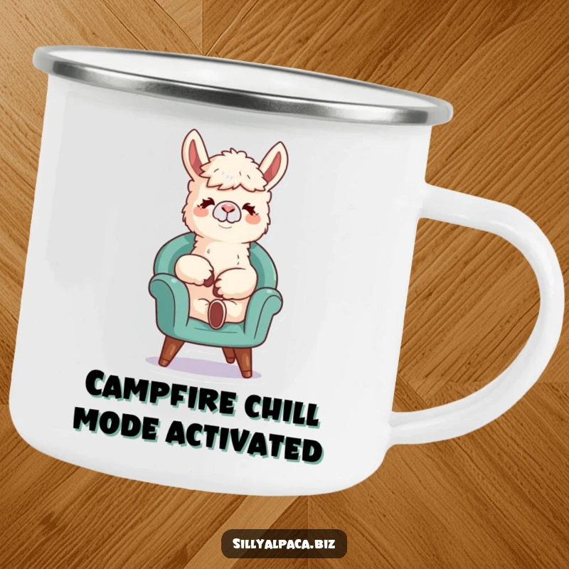Funny camping mug featuring a relaxed alpaca character lounging in a tiny chair, perfect for outdoor trips and humorous refreshment.