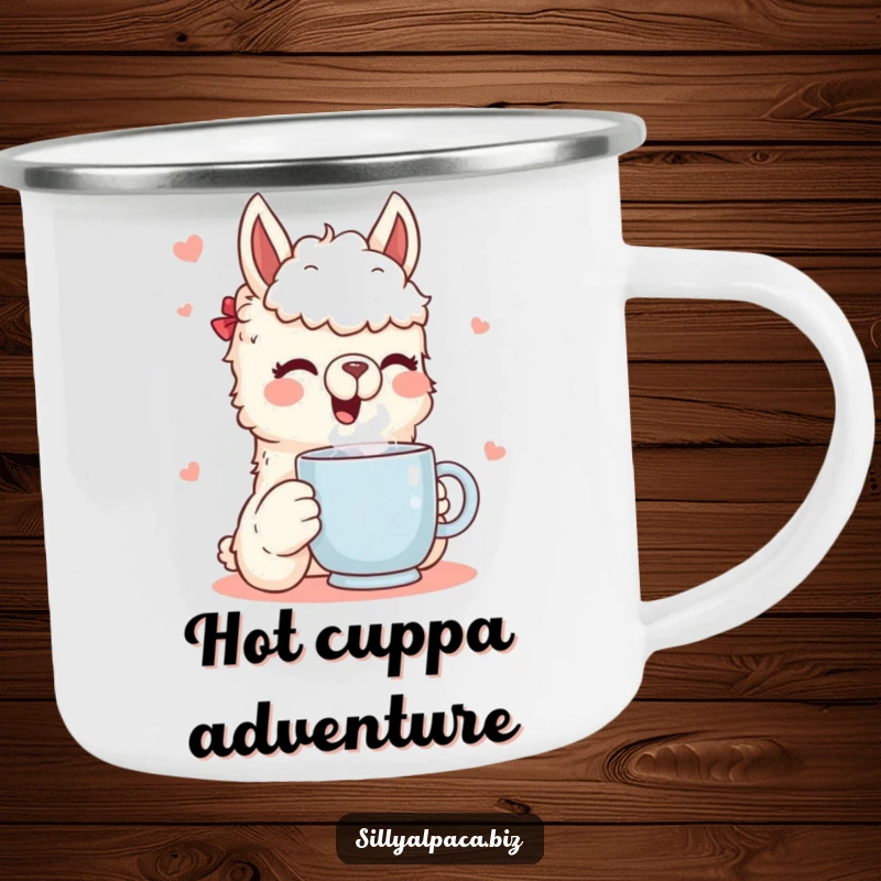 Funny camping mug with a happy alpaca character joyfully drinking from a steaming mug, ideal for outdoor settings and adding humor.