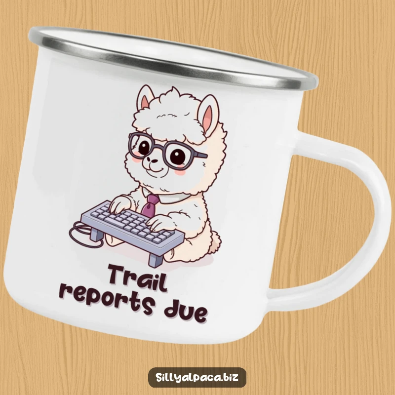 Funny alpaca camping mug with a fluffy alpaca in a tie and glasses typing rapidly on a miniature keyboard, great for outdoor work or humor.