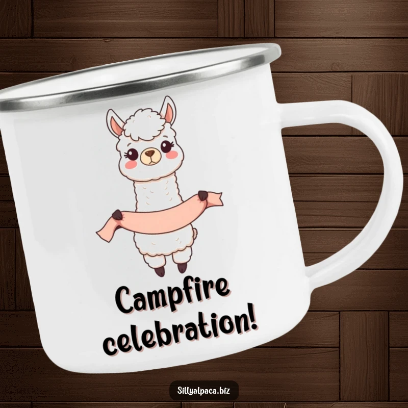Funny Happy Alpaca Banner Camping Mug showing a joyful alpaca unfurling a long banner, perfect for outdoor events.