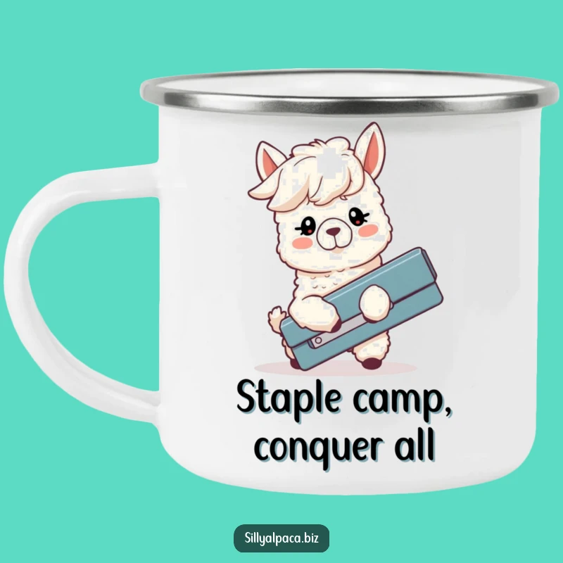 Funny Alpaca Stapler Struggle Enamel Mug: Adventure Fuel for Laughs