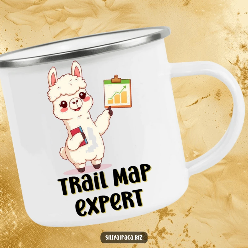 Funny alpaca camping mug with a cheerful alpaca with a clipboard enthusiastically pointing at a tiny chart, great for outdoor planning or humor.