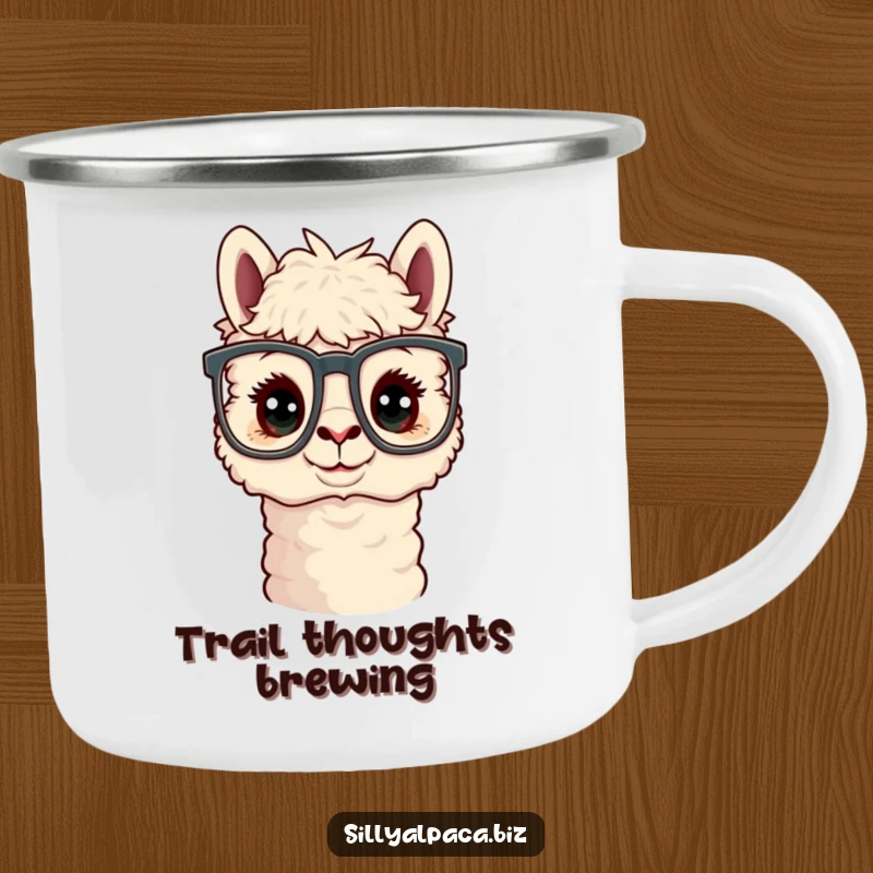 Funny Curious Alpaca Office Glasses Camping Mug showing an alpaca wearing large glasses, perfect for outdoor study sessions.