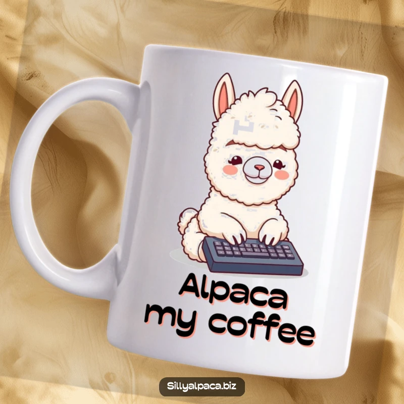 Funny mug featuring a fluffy alpaca character happily typing away on a miniature keyboard, showcasing its dedication to digital tasks.