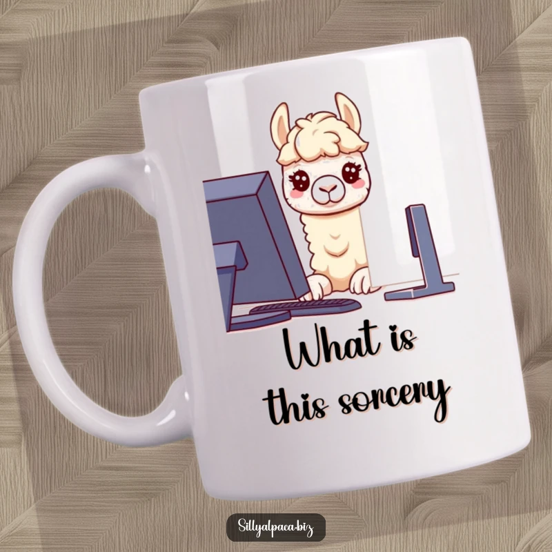 Funny mug showing a curious alpaca character peeking intently at a glowing computer screen, highlighting a fascination with technology.
