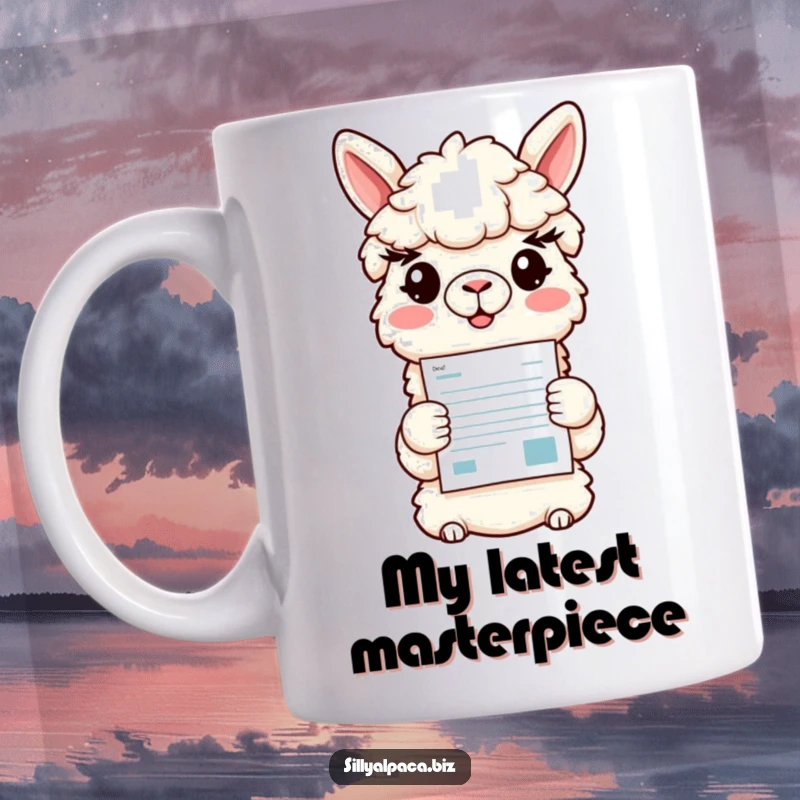 Funny mug with a smiling alpaca character presenting a colorful document with a proud and friendly expression, symbolizing clear communication.