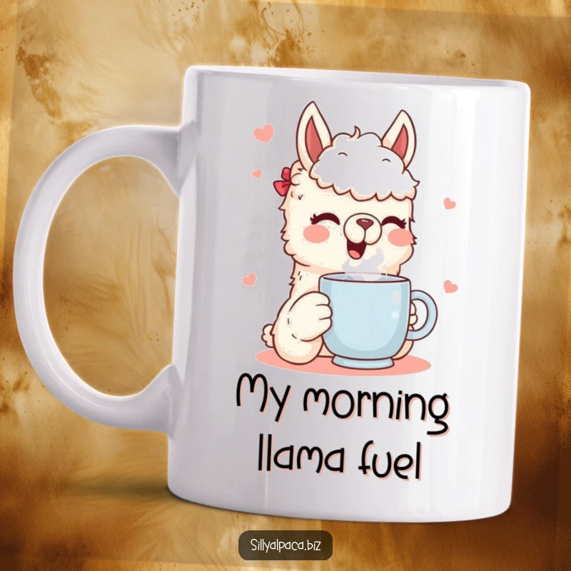 Funny mug featuring a smiling alpaca character with closed eyes, joyfully drinking from a steaming white mug, embracing a moment of pure beverage happiness.