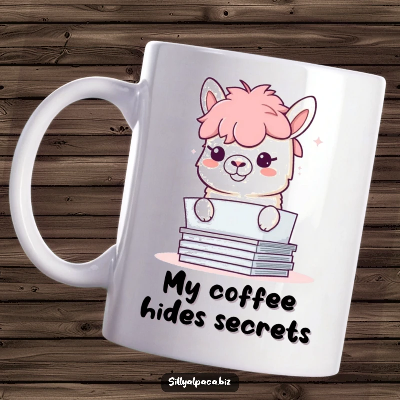 Funny mug showing a playful alpaca with a mischievous grin peeking from behind a messy stack of papers.