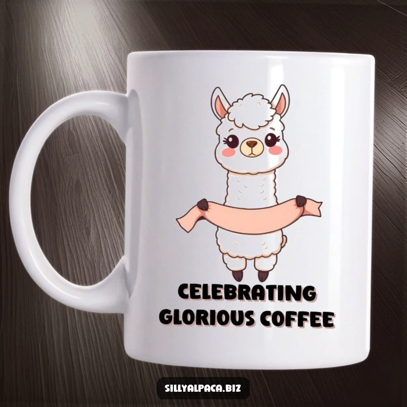 Funny Happy Alpaca Banner Mug showing a joyful alpaca character unfurling a long celebratory banner, spreading good vibes.