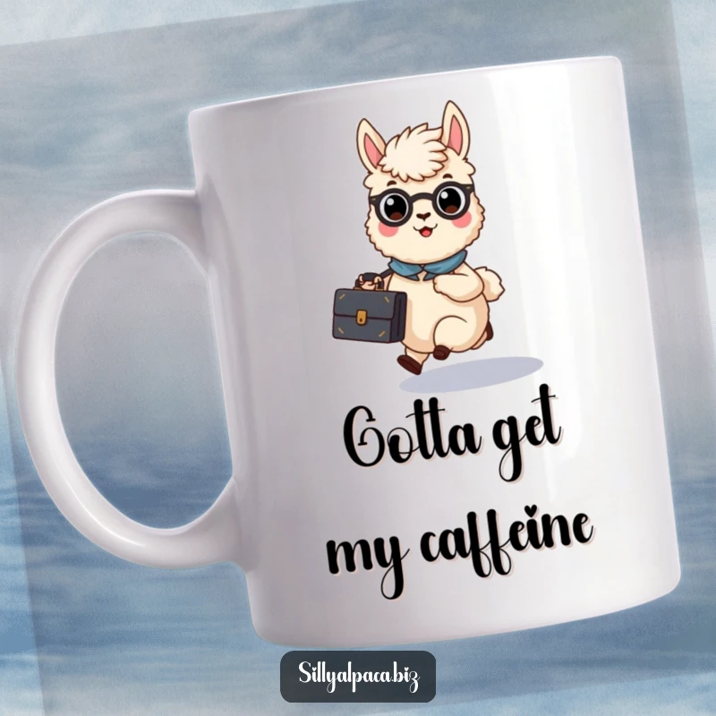Funny Busy Alpaca Briefcase Mug showing a hurried alpaca character dashing with a briefcase, ready for action.