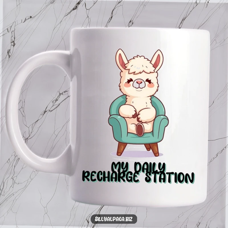 Funny mug with a relaxed alpaca character lounging back in a comically small chair, embodying pure chill and leisure.