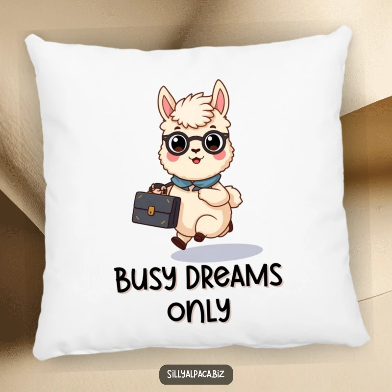 Funny Busy Alpaca Briefcase Pillow featuring a speedy alpaca character holding a briefcase, offering comfort and humor.