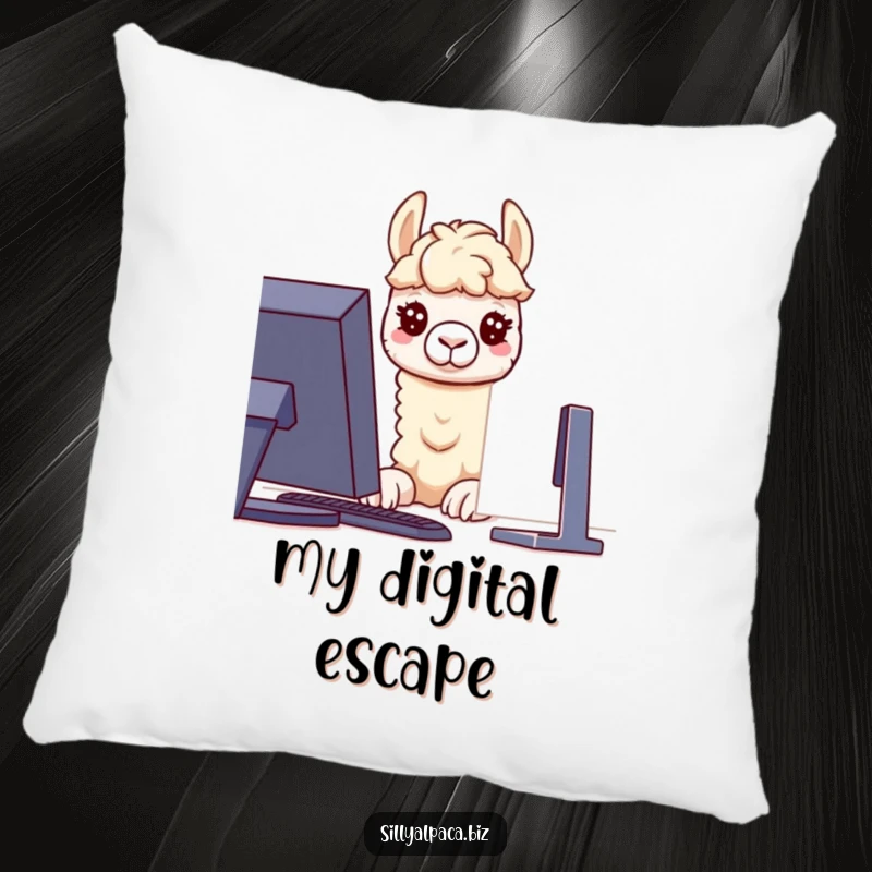 Funny pillow featuring a curious alpaca character focused on a computer screen, providing comfort and a playful nod to digital life.