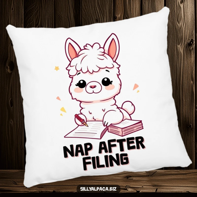 Funny pillow featuring a playful alpaca filing papers, offering comfort and a touch of whimsical, organizational humor.