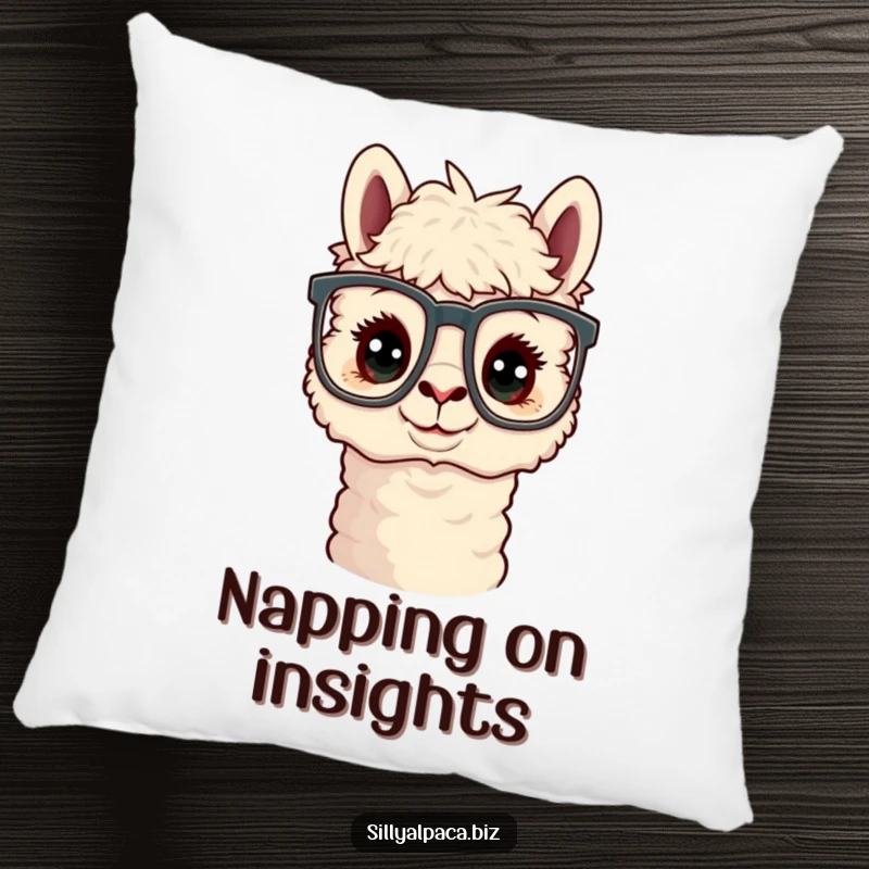 Funny Curious Alpaca Office Glasses Pillow featuring a charming alpaca character peering through oversized office glasses.
