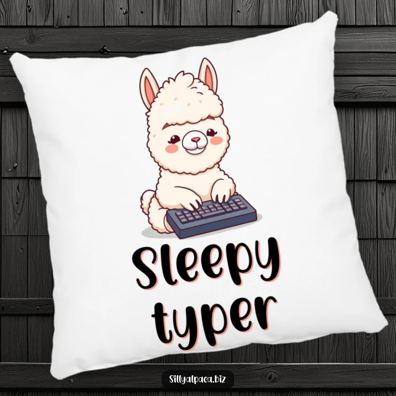 Funny pillow featuring a fluffy alpaca typing on a tiny keyboard, offering comfort and a touch of whimsical, tech-inspired humor.