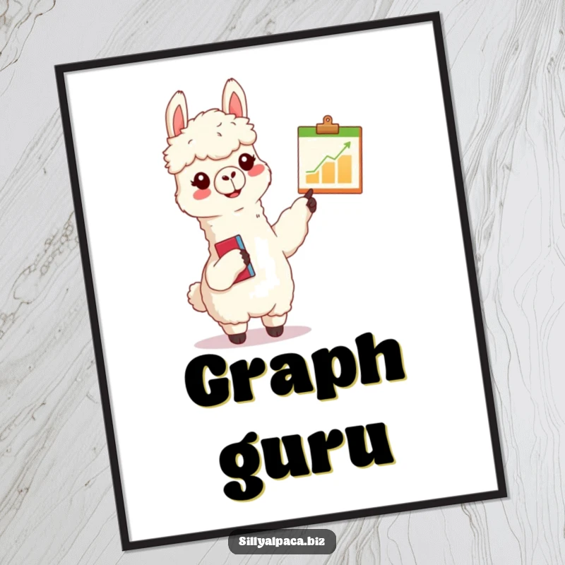 Funny alpaca digital art print of a cheerful alpaca with a clipboard enthusiastically pointing at a tiny chart, great for instant humorous presentation decor.