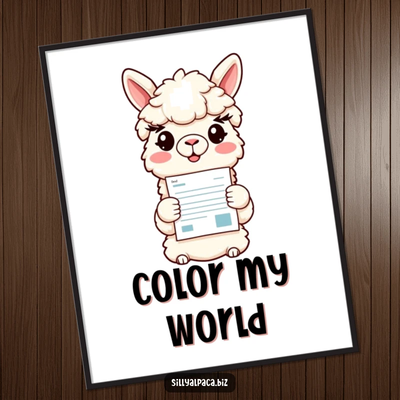 Funny digital art print of a smiling alpaca character happily offering a colorful document, symbolizing clear communication and positive updates.