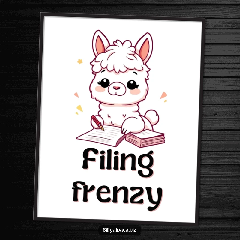 Funny digital art print of a playful alpaca filing papers with enthusiasm, offering instant whimsical decor and a dose of organizational humor.