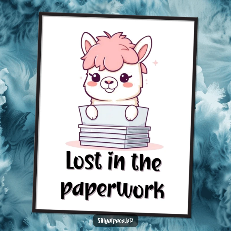 Funny digital art print of a mischievous alpaca peeking from behind papers, its grin adding immediate playful humor.