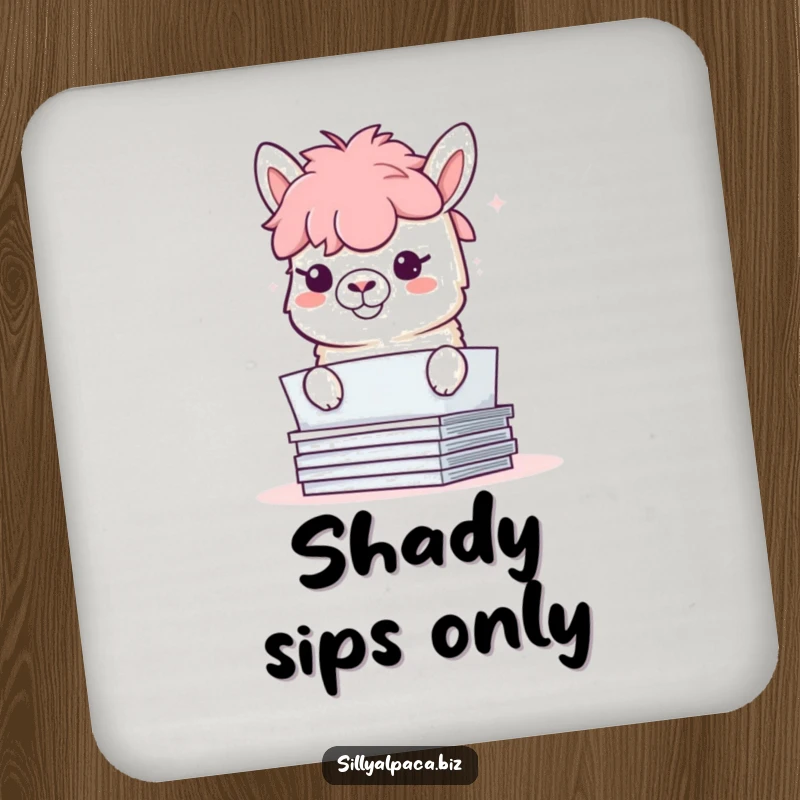 Funny drink coaster featuring a mischievous alpaca hiding behind papers, its grin adding a playful touch.