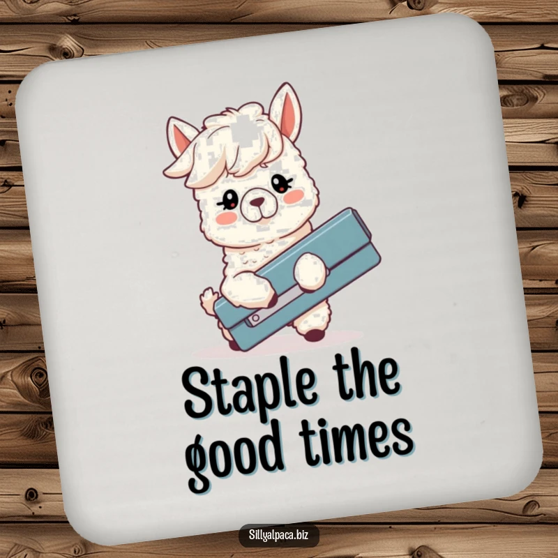 Funny drink coaster depicting a silly alpaca with floppy ears humorously struggling with a large stapler, protecting your surfaces.
