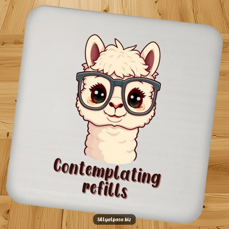 Funny Curious Alpaca Office Glasses Coaster featuring an alpaca character peering through large office glasses.