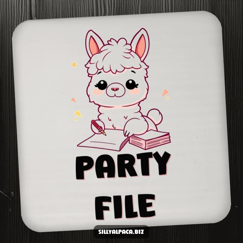 Funny drink coaster with a playful alpaca filing papers, protecting surfaces with a touch of adorable, organizational humor.