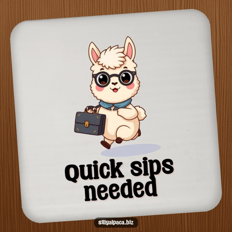 Funny Busy Alpaca Briefcase Coaster featuring a rushing alpaca character with a briefcase, perfect for any desk.