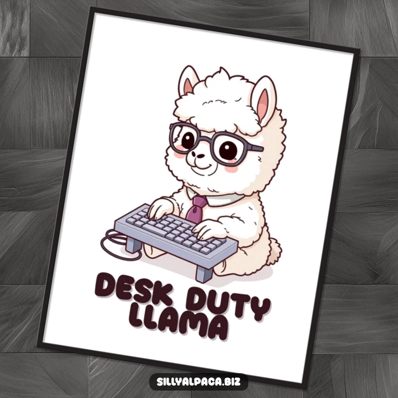 Funny alpaca poster showing a fluffy alpaca in a tie and glasses typing rapidly on a miniature keyboard, ideal for humorous office wall art.