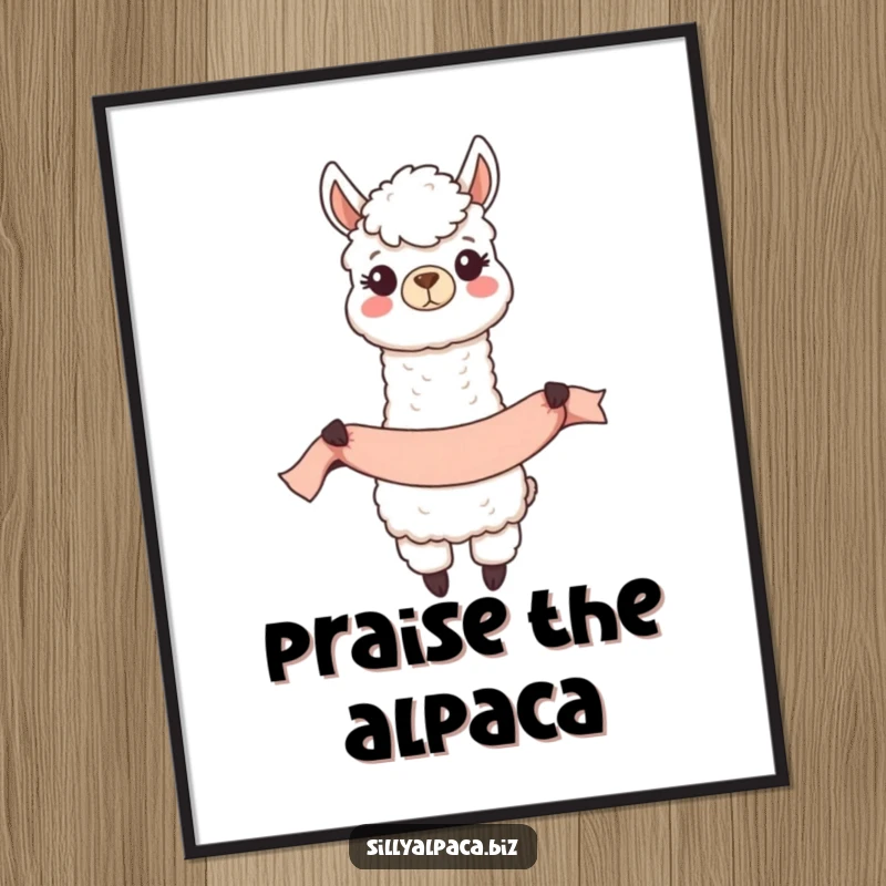 Funny Happy Alpaca Banner Poster featuring a joyful alpaca character unfurling a long banner, perfect for celebratory decor.