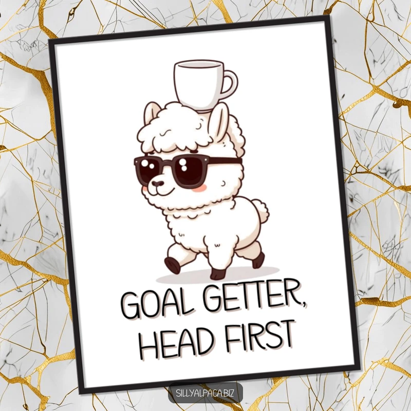 Funny poster art depicting a determined alpaca marching with a coffee mug balanced on its head, an inspiring sight.