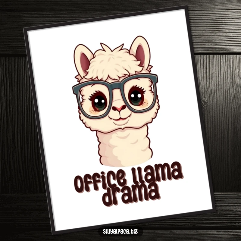 Funny Curious Alpaca Office Glasses Poster with a cute alpaca character wearing large spectacles, looking intelligent and amusing.