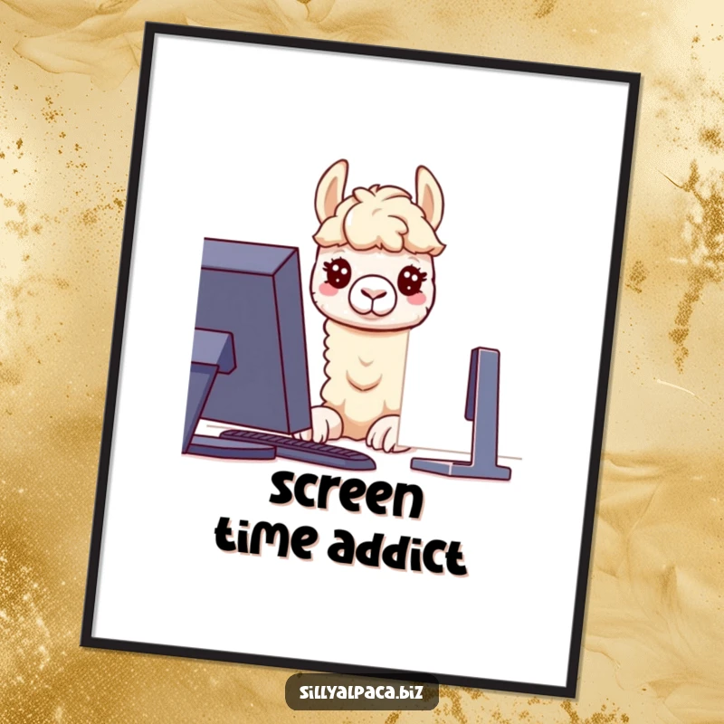 Funny poster depicting a curious alpaca character peering into a computer screen, highlighting a humorous take on digital engagement.