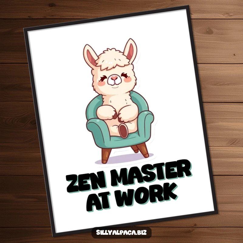 Funny poster of a relaxed alpaca character leaning back in a tiny chair, creating a humorous and whimsical wall art piece.