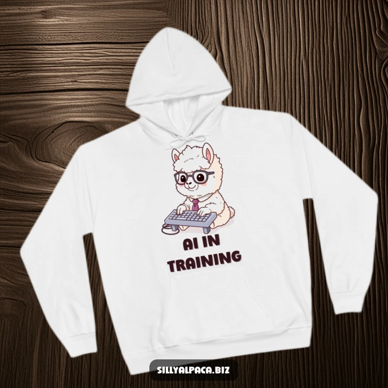 Funny alpaca hoodie depicting a fluffy alpaca in a tie and glasses typing rapidly on a miniature keyboard, offering warmth and funny office vibes.