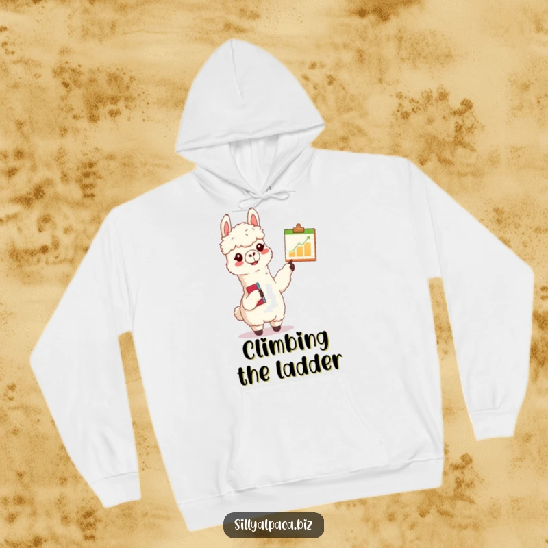 Funny alpaca hoodie depicting a cheerful alpaca with a clipboard enthusiastically pointing at a tiny chart, offering warmth and funny presentation vibes.