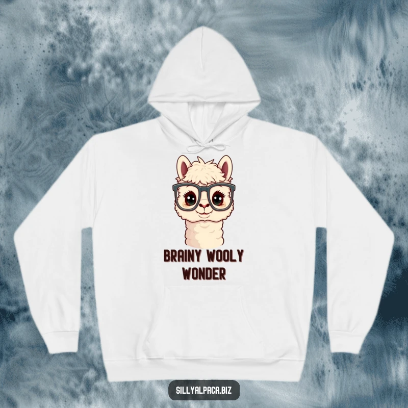 Funny Curious Alpaca Office Glasses Hoodie depicting a charming alpaca wearing large spectacles, ready for office work.