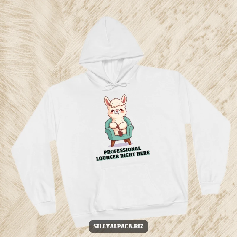 Funny hoodie featuring a relaxed alpaca character lounging in a tiny chair, perfect for cozy days and humorous vibes.