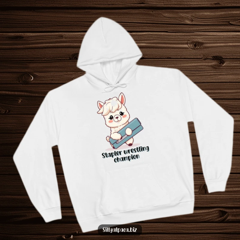 Funny hoodie showing a silly alpaca with floppy ears comically wrestling a large stapler, a warm and humorous take on office woes.