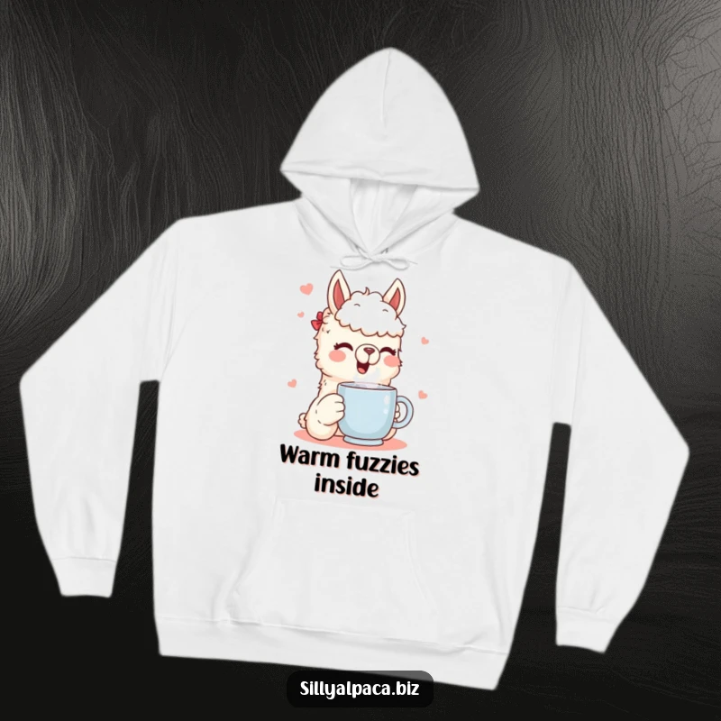 Funny hoodie showcasing a happy alpaca character delightedly sipping from a steaming mug, radiating warmth and cozy vibes for ultimate comfort.