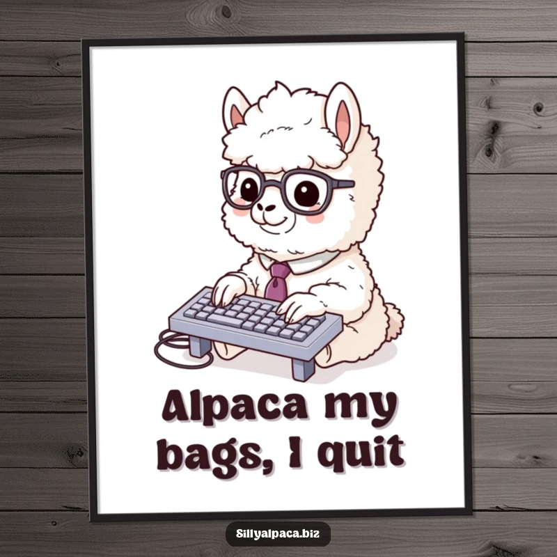 Funny Free Printable Wall Art: A fluffy alpaca in a tiny tie and glasses intently typing on a miniature keyboard.