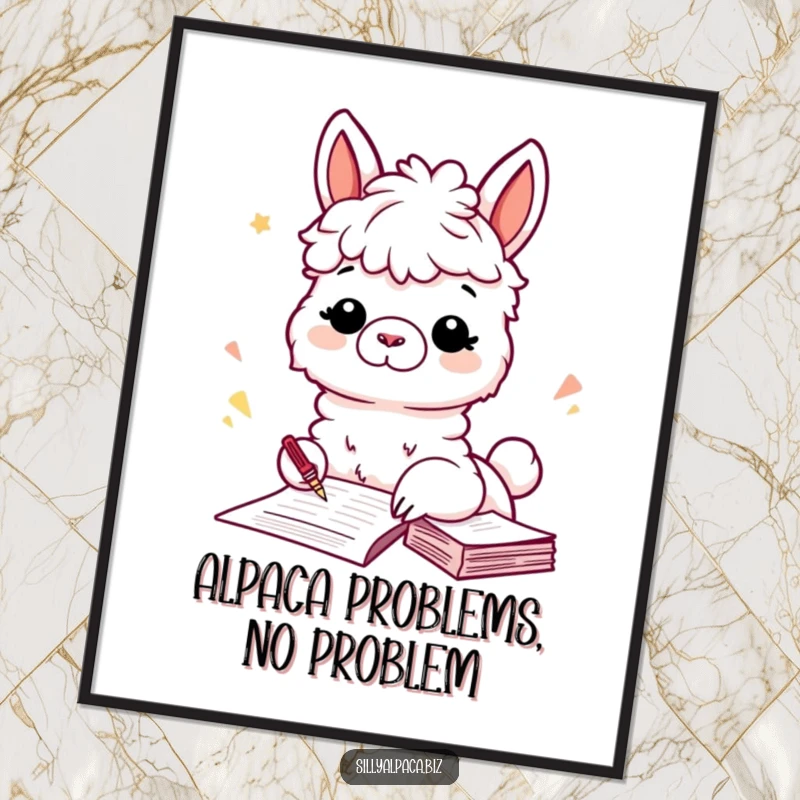 Funny Free Printable Wall Art depicting a playful alpaca character enthusiastically organizing and filing papers.