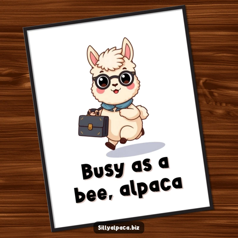 Funny Free Printable Wall Art: A busy alpaca character comically rushing with a briefcase, embodying the spirit of a go-getter.