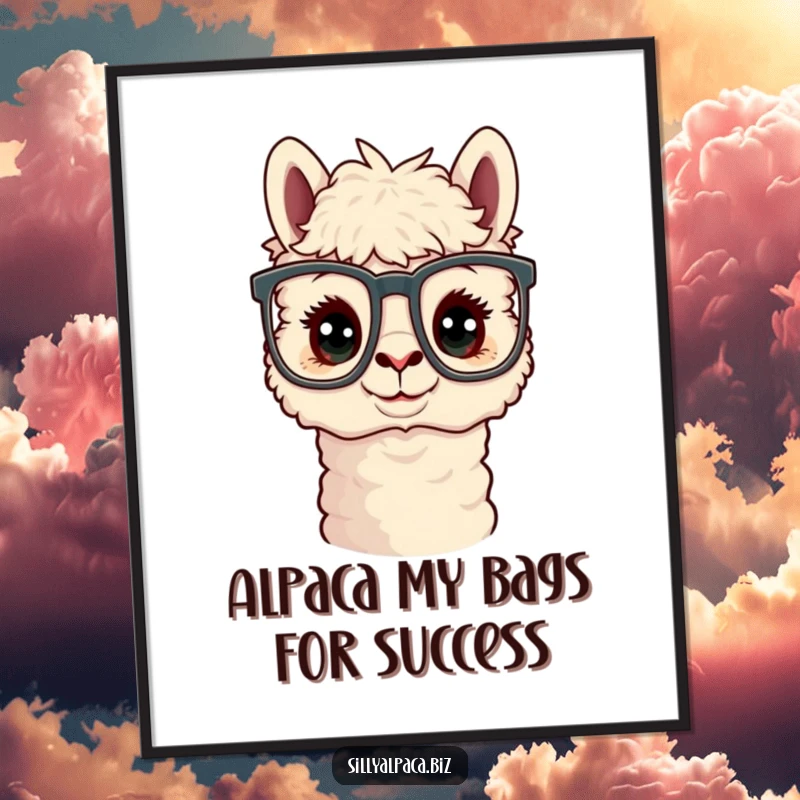 Funny Free Printable Wall Art: A curious alpaca character peering through comically large office glasses, hinting at deep thoughts.